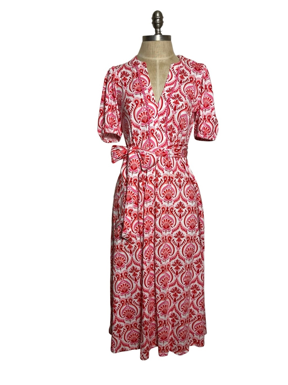 Boden Sofia Trim Jersey Midi Dress Pink Red Floral Botanical 6 Petite NWOT - Picture 4 of 14
